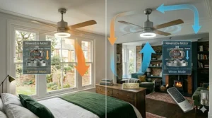 An illustration explaining the summer and winter reverse function on a remote control for year-round comfort in the UK climate.