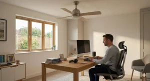A high-detail, photorealistic 4K image of the quiet ceiling fan operating in a productive British home office, with natural daylight illuminating an ergonomic desk and a focused worker.