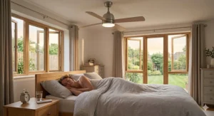 A quiet remote control ceiling fan with a built-in LED light positioned above a super-king bed with grey linen in a peaceful British master bedroom, ideal for undisturbed sleep.