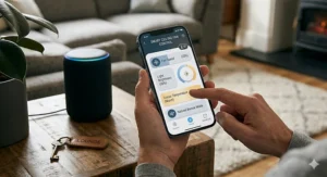 A smartphone screen showing a mobile app used to adjust the speed and light colour temperature of a smart home ceiling fan.