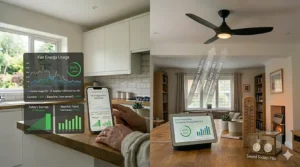 A dashboard view showing the energy-saving benefits and electricity usage of a smart fan compared to traditional cooling.