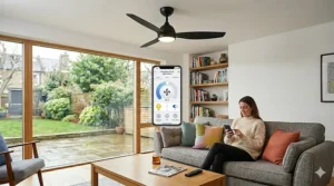 A smartphone display showing a smart ceiling fan app used to adjust blade speed and light brightness.