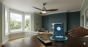 A comparison of a physical remote control and the Alexa app interface for managing fan speed and light levels.