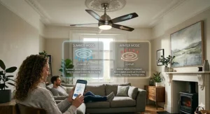 Diagram showing a smart home ceiling fan in summer and winter modes to recirculate warm air and reduce UK heating bills.