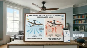 Diagram showing a smart ceiling fan reversing direction to circulate warm air, controlled via Google Assistant.