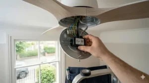 Inserting the smart WiFi receiver into the fan canopy and connecting the internal plug-and-play wiring harnesses.