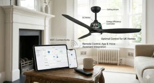 A modern ceiling fan paired with a tablet and smartphone app, demonstrating smart home integration and remote Wi-Fi control functionality.