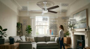 A technical drawing showing fan dimensions and blade span relative to standard UK ceiling heights in a period property.