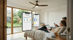 A diagram showing a ceiling fan with app connecting to a UK smart home ecosystem and voice assistants.