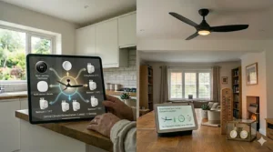 A conceptual map showing a ceiling fan integrated into a wider British smart home ecosystem including smart thermostats and plugs.