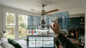 A hand holding a smartphone next to a remote control, showing smart home integration for ceiling fans in a UK smart home.