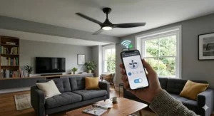 A hand holding a mobile phone in a lounge, displaying the interface for an app controlled ceiling fan showing speed and colour-wheel light settings.