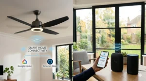 Alt text for image 4: A graphic showing a voice-activated ceiling fan compatible with popular UK smart speakers and home automation systems.
