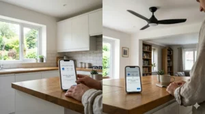 A close-up illustration of a smartphone screen showing the initial setup process for a voice-activated ceiling fan in a UK household.