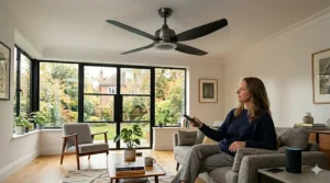 Alt text for image 9: A sleek handheld remote control sitting on a side table next to a smart ceiling fan that also accepts voice commands.