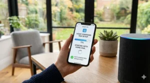 Alt text for image 2: A smartphone displaying a smart home app syncing a voice command ceiling fan to a UK hub via a home Wi-Fi network.