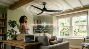 A woman in a contemporary lounge using a voice command to adjust the speed of a Google Home-integrated ceiling fan via a Nest Hub.