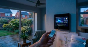 The soft blue LED backlight of a touch screen fan controller visible in a darkened bedroom setting.
