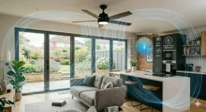 Illustration showing the optimal air circulation pattern for a large smart ceiling fan in an open-plan kitchen-diner.