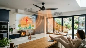 Diagram illustrating the reverse function of a smart ceiling fan to circulate warm air during British winter months.