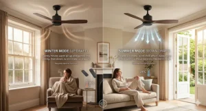 Alt text for image 7: Illustration showing how reversing fan direction helps circulate warm air during British winters.