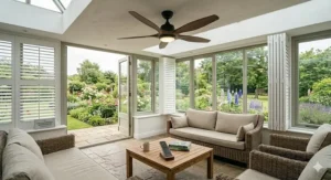 Designer ceiling fan with an easy-to-use remote control for convenient airflow.