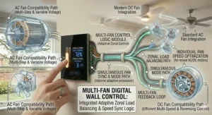 Technical drawing showing the dimensions of a digital fan controller fitting a standard UK single-gang back box.