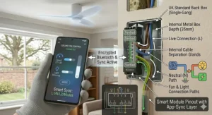 Diagram showing a digital controller connecting to various styles of AC and DC ceiling fans.
