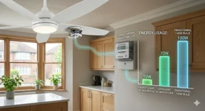 Infographic highlighting low energy consumption of a DC motor ceiling fan with RF remote.