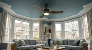 Infographic displaying an energy-efficient DC motor ceiling fan for a living room, highlighting low running costs and quiet operation.