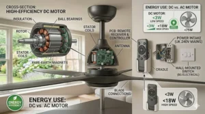 Diagram of an energy-saving DC motor inside a wall mounted remote ceiling fan, highlighting low running costs.