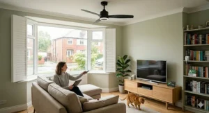 Energy-efficient designer ceiling fan featuring a smart remote control.