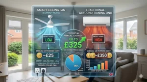 An infographic showing the energy-saving benefits of a smart ceiling fan compared to traditional air conditioning in a UK home.