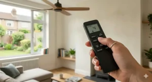 Infographic showing energy savings of a variable speed ceiling fan compared to standard UK cooling systems.