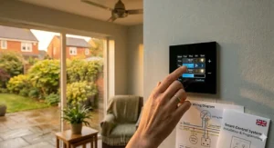 An illustration of the touch screen control timer function designed to reduce domestic energy consumption in the UK.
