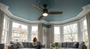 Low profile flush mount ceiling fan in a white finish, ideal for low ceilings in a standard UK semi-detached lounge.