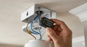Diagram showing how to fit an RF remote receiver into a standard UK ceiling rose bracket.
