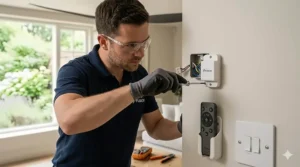 A professional electrician installing a wall-mounted remote receiver for a bedroom ceiling fan.