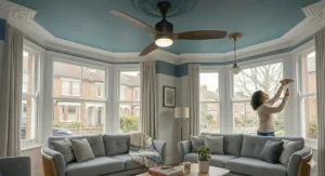 A large diameter matte black ceiling fan cooling a spacious, open-plan UK kitchen and living room extension with bi-fold doors.