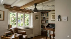 A low-profile wall mounted remote ceiling fan designed for British homes with lower ceiling heights.