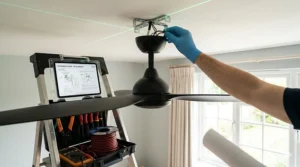 Close-up of a wood-finish energy efficient smart ceiling fan mounted on a standard UK ceiling height.