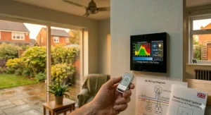 An infographic showing how one touch screen panel can manage multiple ceiling fans across different rooms.