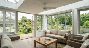 Weather-resistant designer ceiling fan perfect for a covered patio or conservatory.