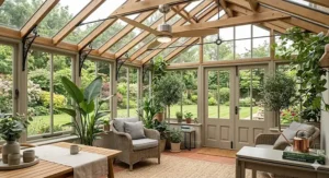 A durable, weather-resistant modern ceiling fan design suitable for a covered patio or conservatory.