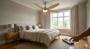 A sleek wood-blade ceiling fan with RF remote control operated from a bedside table.