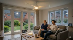 A quiet-running smart ceiling fan installed above a bed in a master bedroom, highlighting silent operation for better sleep.