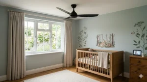 A stylish, silent smart ceiling fan installed in a child's nursery, highlighting low decibel levels for better sleep.