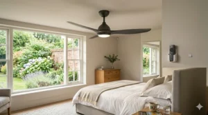 A quiet-running wall mounted remote ceiling fan positioned above a bed in a neutral-toned UK master bedroom.
