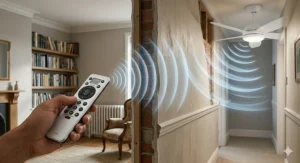 Illustration showing the long-range RF signal passing through a wall in a multi-storey UK home.