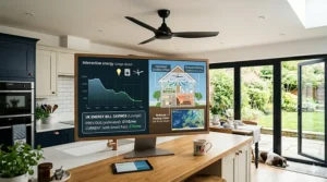 An infographic showing how an energy efficient smart ceiling fan reduces household electricity bills for UK homeowners.